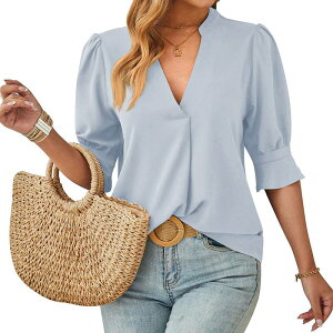 �G���[�g�`���C�X ���f�B�[�X �g�b�v�X �V���c V�l�b�N �u���E�X Elitechoice Women'short Sleeve V-Neck Blouse Soft Casual Top Sky Blue �u���[