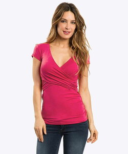 �N���A���u ���f�B�[�X �g�b�v�X T�V���c V�l�b�N �}�^�j�e�B Clearlove Women's Cross V-Neck Maternity Nursing Short Sleeve Striped T-Shirt Rose Red ���b�h