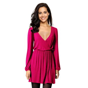 �R�W���C�� ���f�B�[�X �g�b�v�X �����s�[�X V�l�b�N Kojooin Women Solid Long Sleevelastic Waist Wrap V-Neck Fit Flare Dress Rose Red ���b�h