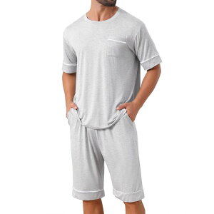 �C���X�p�C�A �V�b�N ���f�B�[�X �A���_�[�E�F�A �i�C�g�E�F�A �N���[�l�b�N INSPIRE CHIC Nightwear Pajama for Men'summer Short Sleeves Crew Neck with Pockets Pajama Set Light Gray �O���[