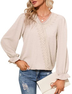 �}�L�V�X�}�[�` ���f�B�[�X �g�b�v�X �V���c V�l�b�N �u���E�X ���[�X Maxxis Merch Women's Elegant Blouse V-Neck Long Sleeve with Lace Detailight Apricot �A�v���R�b�g