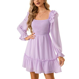 �Z�I���A ���f�B�[�X �g�b�v�X �����s�[�X �t���� �~�j Seoria Women'square Neck Ruffle Long Sleeve Mini Dress Purple �p�[�v��