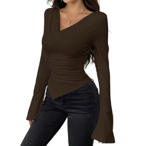 �R�W���C�� ���f�B�[�X �g�b�v�X T�V���c V�l�b�N Kojooin Women V Neck Long Sleeve Slim Tee Top Coffee �R�[�q�[