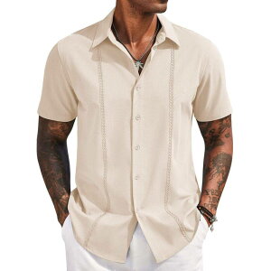 �N�[�t�@���f�B ���f�B�[�X �g�b�v�X T�V���c �{�^���_�E�� COOFANDY Men' Cuban Guayabera Short Sleeve Shirt Casual Beach Summer Button Down Shirts Beige �x�[�W��
