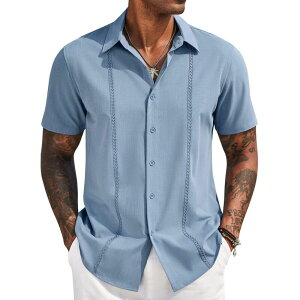 �N�[�t�@���f�B ���f�B�[�X �g�b�v�X T�V���c �{�^���_�E�� COOFANDY Men' Cuban Guayabera Short Sleeve Shirt Casual Beach Summer Button Down Shirts Light Blue �u���[