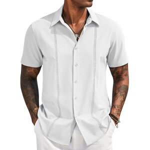 �N�[�t�@���f�B ���f�B�[�X �g�b�v�X T�V���c �{�^���_�E�� COOFANDY Men' Cuban Guayabera Short Sleeve Shirt Casual Beach Summer Button Down Shirts White �z���C�g