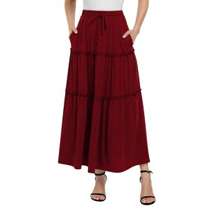 �G���[�g�`���C�X ���f�B�[�X �{�g���X�J�[�g �v���[�c �t���� �}�L�V �n�C�E�G�X�g Elitechoice Women's Boho Maxi Skirt High-Waist Pleated Ruffle Long Dress with Pockets for Beach Wine Red ���b�h
