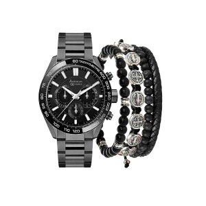 yz Aufbh Y rv ANZT[ Men's Gunmetal Tone Chronograph Watch & 3-Piece Bracelet Set Gray