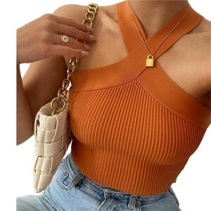 �{�f�B�T�C�Y ���f�B�[�X �g�b�v�X T�V���c ���u �j�b�g �z���^�[ BODDYSIZE Women's Ribbed Knit Slim Fitted Tank Top Casual Criss Cross Halter Crop Topstylish Orange �I�����W