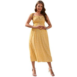 �y���������z �C�G�X�t�@�b�V���� ���f�B�[�X �����s�[�X �g�b�v�X Womens Maternity Sleeveless Smocked Square Neck Ruffle Casual Boho Midi Dress Yellow
