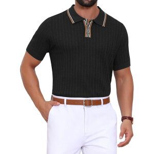 �C���X�p�C�A �V�b�N ���f�B�[�X �g�b�v�X T�V���c �|���V���c ���u �j�b�g INSPIRE CHIC Men's Knitted Polo Shirt Ribbed Hem Short Sleeve Textured Golf Shirts Black �u���b�N