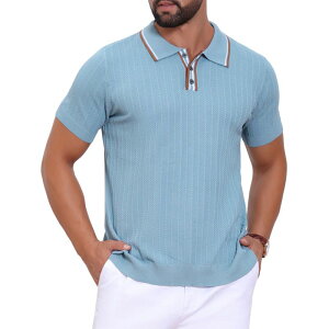 �C���X�p�C�A �V�b�N ���f�B�[�X �g�b�v�X T�V���c �|���V���c ���u �j�b�g INSPIRE CHIC Men's Knitted Polo Shirt Ribbed Hem Short Sleeve Textured Golf Shirts Light Blue �u���[