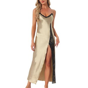�C���X�p�C�A �V�b�N ���f�B�[�X �A���_�[�E�F�A �i�C�g�E�F�A �T�e�� �V���N ���[�X INSPIRE CHIC Women's Long Satinightgown Lace Slit Slip Lingerie for Ladies Nightwear Silky Chemise Sleepwear Champagne �V�����p��