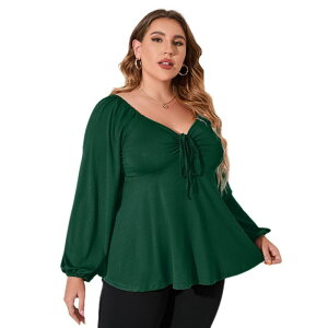 �C�G�X�t�@�b�V���� ���f�B�[�X �g�b�v�X �V���c �v���X�T�C�Y �t���� �V���[�����O �u���E�X Yesfashion Womens Plus Blouses Long Sleeve Sweetheart Neckline Babydoll Ruffle Peplum Smocked Casual Fall Tops Dark Green �O��
