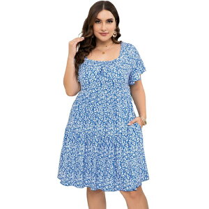 �Z�I���A ���f�B�[�X �g�b�v�X �����s�[�X �v���X�T�C�Y �t���� Seoria Plusize Dress Women Square Neck Ruffle Sleeve Summer Dress Plusize Dress Clothing Blue Flower �u���[