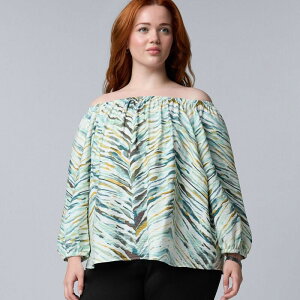 ���F���E�H�� ���f�B�[�X �g�b�v�X �V���c �v���X�T�C�Y �u���E�X Plusize Simply Vera Wang Off Shoulder Blouse Blue Animal Chevron �u���[