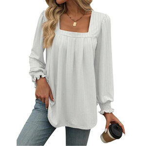 �C�G�X�t�@�b�V���� ���f�B�[�X �g�b�v�X �V���c �V�t�H�� �v���[�c �u���E�X Yesfashion Womens Puff Long Sleeve Tops Dressy Casual Square Neck Pleated Work Blouse Fall Flowy Chiffon Shirts White �z���C�g