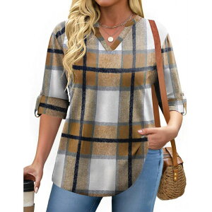 �W�[�O�[ ���f�B�[�X �g�b�v�X T�V���c V�l�b�N �v���X�T�C�Y �u���E�X Zeagoo Women's Plaid V Neck Long Sleeve Topsoft Casual Business Work Plusize Blouses Brown �u���E��