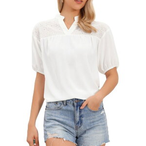 �C���X�p�C�A �V�b�N ���f�B�[�X �g�b�v�X �V���c V�l�b�N �u���E�X INSPIRE CHIC Dressy Casual Blouses for Women V Neck Short Sleeve Shirts Cute Summer Tops White �z���C�g