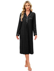 �t�@���W�����C ���f�B�[�X �A���_�[�E�F�A �i�C�g�E�F�A FUNJULY Women's Nightgown Long Sleeve Sleepwear Pajamas Black �u���b�N