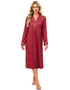 �t�@���W�����C ���f�B�[�X �A���_�[�E�F�A �i�C�g�E�F�A FUNJULY Women's Nightgown Long Sleeve Sleepwear Pajamas Dark Red ���b�h