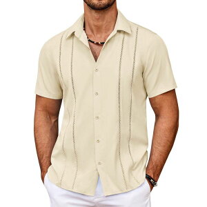 �N�[�t�@���f�B ���f�B�[�X �g�b�v�X T�V���c �{�^���_�E�� COOFANDY Men' Cuban Guayabera Shirt Summer Beach Vacation Shirt Casual Short Sleeve Button Down Beige �x�[�W��