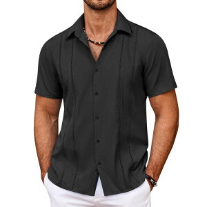 �N�[�t�@���f�B ���f�B�[�X �g�b�v�X T�V���c �{�^���_�E�� COOFANDY Men' Cuban Guayabera Shirt Summer Beach Vacation Shirt Casual Short Sleeve Button Down Black �u���b�N