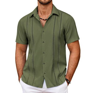 �N�[�t�@���f�B ���f�B�[�X �g�b�v�X T�V���c �{�^���_�E�� COOFANDY Men' Cuban Guayabera Shirt Summer Beach Vacation Shirt Casual Short Sleeve Button Down Chive
