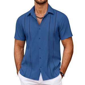 �N�[�t�@���f�B ���f�B�[�X �g�b�v�X T�V���c �{�^���_�E�� COOFANDY Men' Cuban Guayabera Shirt Summer Beach Vacation Shirt Casual Short Sleeve Button Down Dark Blue �u���[