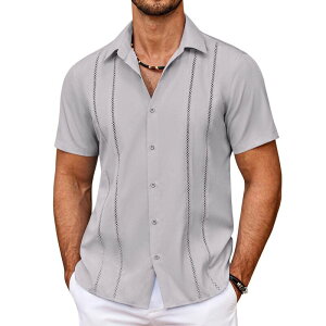 �N�[�t�@���f�B ���f�B�[�X �g�b�v�X T�V���c �{�^���_�E�� COOFANDY Men' Cuban Guayabera Shirt Summer Beach Vacation Shirt Casual Short Sleeve Button Down Quiet Grey �O���[