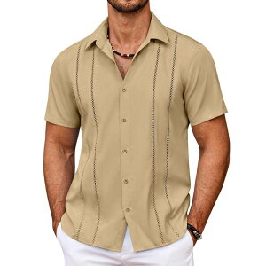 �N�[�t�@���f�B ���f�B�[�X �g�b�v�X T�V���c �{�^���_�E�� COOFANDY Men' Cuban Guayabera Shirt Summer Beach Vacation Shirt Casual Short Sleeve Button Down Sesame
