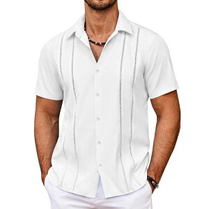�N�[�t�@���f�B ���f�B�[�X �g�b�v�X T�V���c �{�^���_�E�� COOFANDY Men' Cuban Guayabera Shirt Summer Beach Vacation Shirt Casual Short Sleeve Button Down White �z���C�g