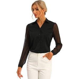 �A���O�� �P�[ ���f�B�[�X �g�b�v�X �V���c V�l�b�N ���b�V�� �u���E�X ALLEGRA K V Neck Blouse for Women's Lapel Collar Mesh Panelantern Sleevelegant Office Work Shirt Black �u���b�N