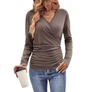 �C�G�X�t�@�b�V���� ���f�B�[�X �g�b�v�X �V���c V�l�b�N �M���U�[ Yesfashion Women's V Neck Slim Fitted Long Sleeve T-Shirt Front Wrap Ruched Tee Tops Camel �L������
