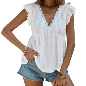 �N���A�t�����[ ���f�B�[�X �g�b�v�X T�V���c V�l�b�N �t���� �u���E�X ClearFlower Women's V Neck Ruffle Casual Short Sleeve Blouse Flowy Summer Top White �z���C�g