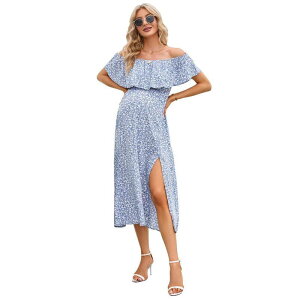 �C�G�X�t�@�b�V���� ���f�B�[�X �g�b�v�X �����s�[�X A ���C�� �t�����[�� �}�^�j�e�B �}�L�V �t�����[ Yesfashion Women's Maternity Summer Floral Dress Off Shoulder Split A Line Casual Maxi Casual Dresses Blue Backgroun