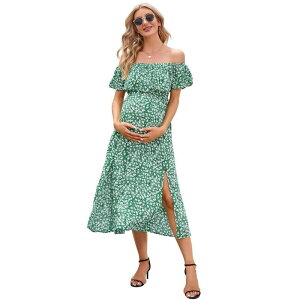 �C�G�X�t�@�b�V���� ���f�B�[�X �g�b�v�X �����s�[�X A ���C�� �t�����[�� �}�^�j�e�B �}�L�V �t�����[ Yesfashion Women's Maternity Summer Floral Dress Off Shoulder Split A Line Casual Maxi Casual Dresses Green �O��
