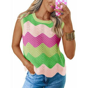 �y���������z �C�G�X�t�@�b�V���� ���f�B�[�X �j�b�g�E�Z�[�^�[ �A�E�^�[ Women's Summer Striped Knit Tank Top Sleeveless Crewneck Rainbow Color Block Cropped Sweater Vest Light Green