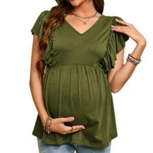 �y���������z �G���[�g�`���C�X ���f�B�[�X �V���c �g�b�v�X Womens Maternity Short Sleeve Blouse Casual V Neck Ruffle Tops for Baby Shower Army Green