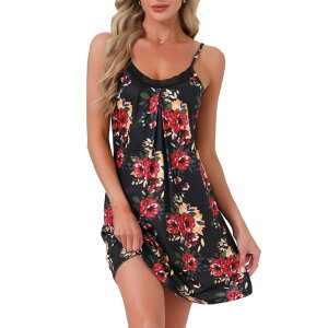 �C���X�p�C�A �V�b�N ���f�B�[�X �A���_�[�E�F�A �i�C�g�E�F�A V�l�b�N �V���c ���[�X INSPIRE CHIC Women's Nightgown V-Neck Chemise Sleepwear Lace Nightwear Soft Lingerie Nightshirts Pajama Dress Black Floral �u���b�N