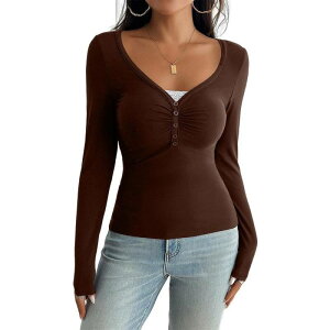 �C�G�X�t�@�b�V���� ���f�B�[�X �g�b�v�X �V���c V�l�b�N �M���U�[ Yesfashion Women Long Sleeve Henley Shirts V Neck Front Ruched Button Tops Low Cut Fitted T-Shirt Brown �u���E��