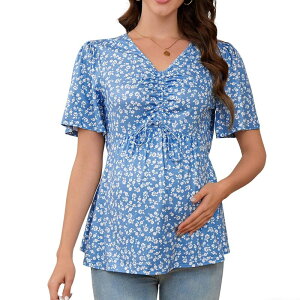 �N���A�t�����[ ���f�B�[�X �g�b�v�X �V���c V�l�b�N �}�^�j�e�B ClearFlower Maternity Tie-Front V-Neck Top Summer Short Sleeve Casual Pregnancy T-Shirt Blue Floral �u���[