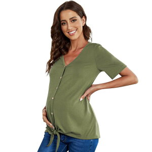�N���A�t�����[ ���f�B�[�X �g�b�v�X �V���c V�l�b�N �u���E�X �}�^�j�e�B ClearFlower Women Maternity Short Sleeve V Neck T Shirtsummer Casual Buttonursing Top Tie Knotunic Blouse Army Green �O���[��