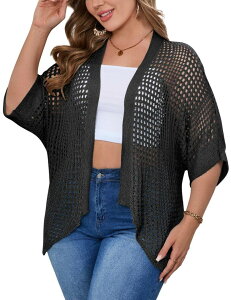 �y���������z �G���[�g�`���C�X ���f�B�[�X �j�b�g�E�Z�[�^�[ �A�E�^�[ Plus Size Mesh Cardigan for Women Loose Fit 3/4 Sleeve Cover Up Casual Shrug Sweater Black