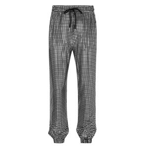 �R�W���C�� ���f�B�[�X �{�g���X �J�W���A���p���c �e�[�p�[�h�t�B�b�g�[�� Kojooin Mens Metallic Shiny Pants Party Drawstring Casual Pants with Pockets Tapered Fit Black Plaid �u���b�N