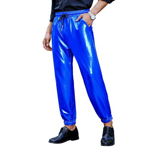 �R�W���C�� ���f�B�[�X �{�g���X �J�W���A���p���c �e�[�p�[�h�t�B�b�g�[�� Kojooin Mens Metallic Shiny Pants Party Drawstring Casual Pants with Pockets Tapered Fit Blue �u���[