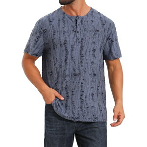 �C���X�p�C�A �V�b�N ���f�B�[�X �g�b�v�X T�V���c �{�^���_�E�� INSPIRE CHIC Men's Ripped Henley Shirt Western Retro Short Sleeve Button Down T-Shirt Gray Blue �O���[