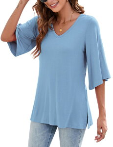 �t�@���W�����C ���f�B�[�X �g�b�v�X T�V���c V�l�b�N FUNJULY Women's 3/4 Bell Sleeveshirts V Neck Summer Casual Tops Flowy Tee Light Blue �u���[