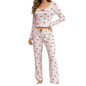 �Z�I���A ���f�B�[�X �A���_�[�E�F�A �i�C�g�E�F�A �v�����g �p���c Seoria Women's 2 Piece Printed Long Sleeve Pajama Set With Bow Elastic Long Pants Comfortable Homewear Pink �s���N