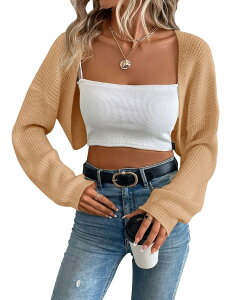�}�L�V�X�}�[�` ���f�B�[�X �A�E�^�[ �j�b�g�E�Z�[�^�[ �J�[�f�B�K�� Maxxis Merch Women's Bolero Shrug Long Sleeve Open Front Cardigan Knit Crop Sweater Apricot �A�v���R�b�g